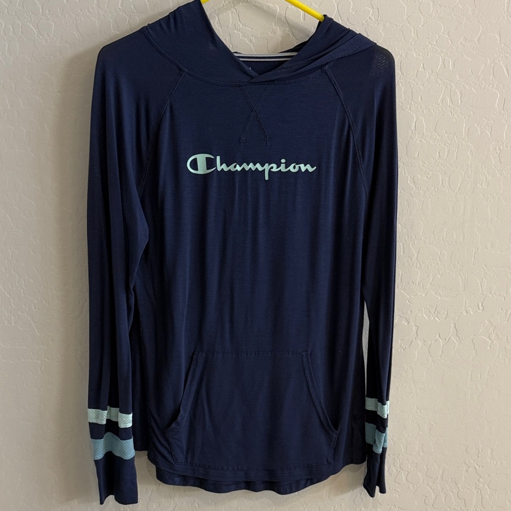 Champion Dark Blue long sleeve Hoodie with Light Blue Accents size medium